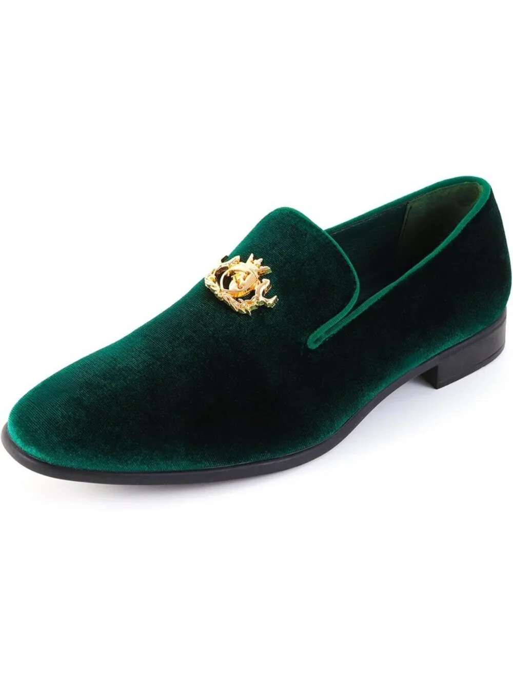 Cenprmon Men's Green Elegant Velvet Loafers Metal Buckle Penny Slip On Shoes